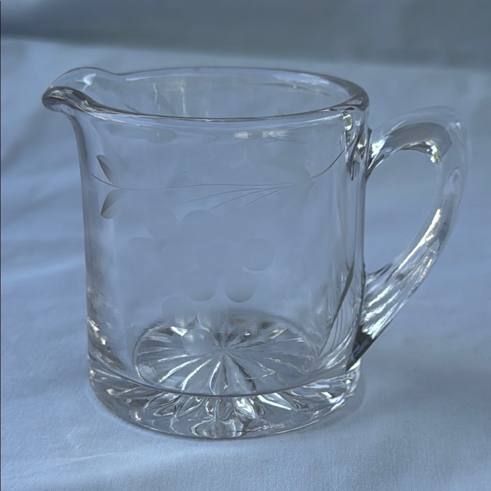 Vintage Clear Glass Creamer with Etched Design of Grapes Fruit